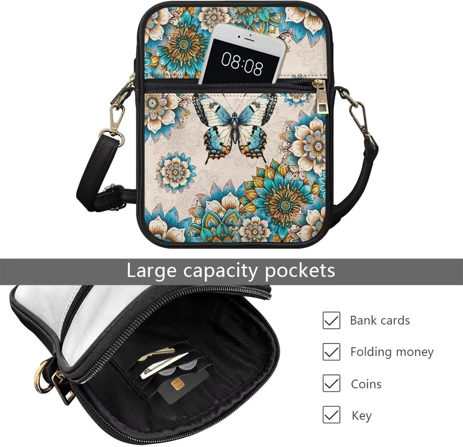 Leather Messenger Bags Crossbody Phone Wallet Purse Bag with Front Zipper Pocket and Card Slots