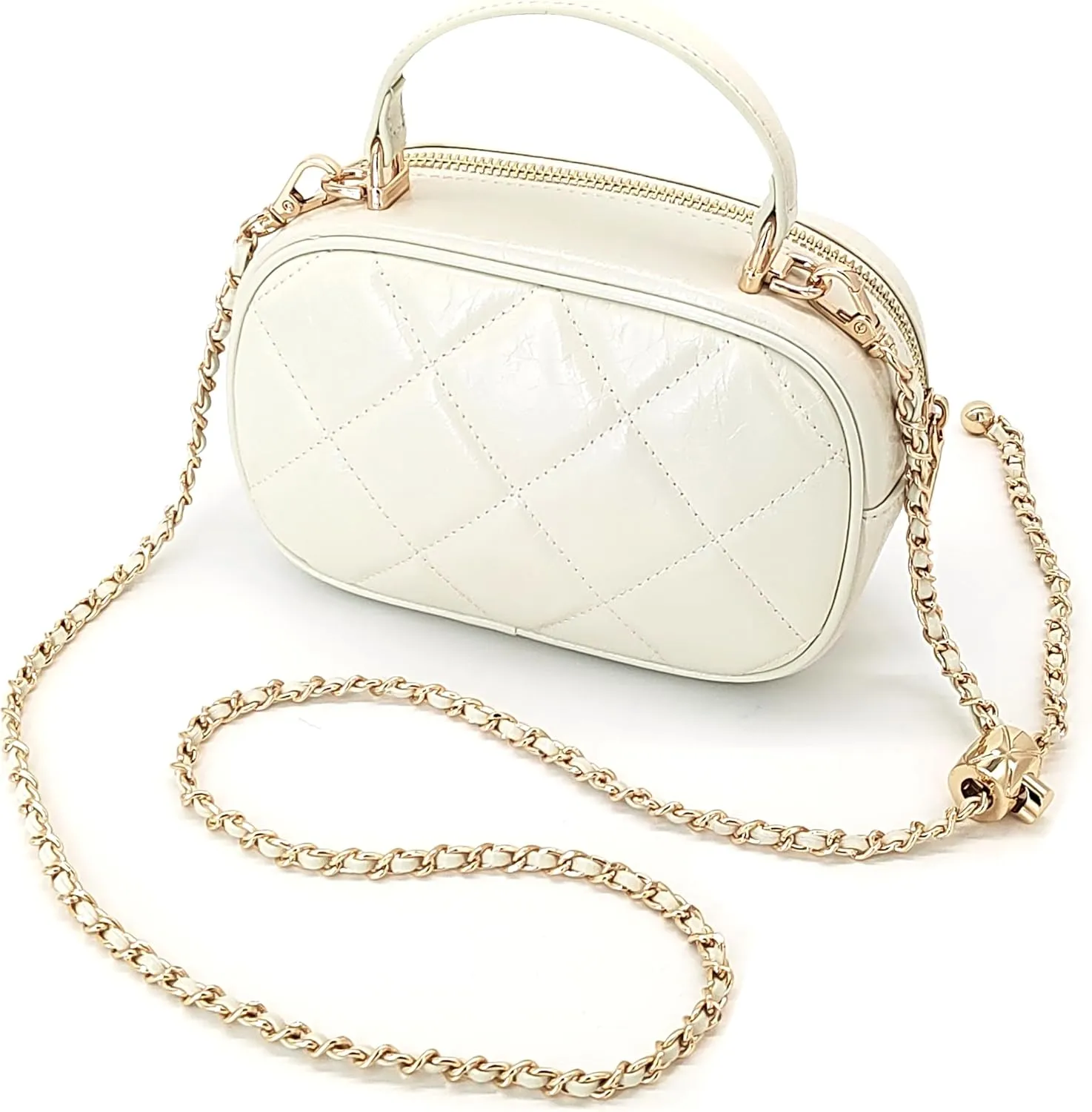 Leather Quilted Crossbody Bags for Women - Square Purse with Metal Chain Strap - Elegant Box Purse