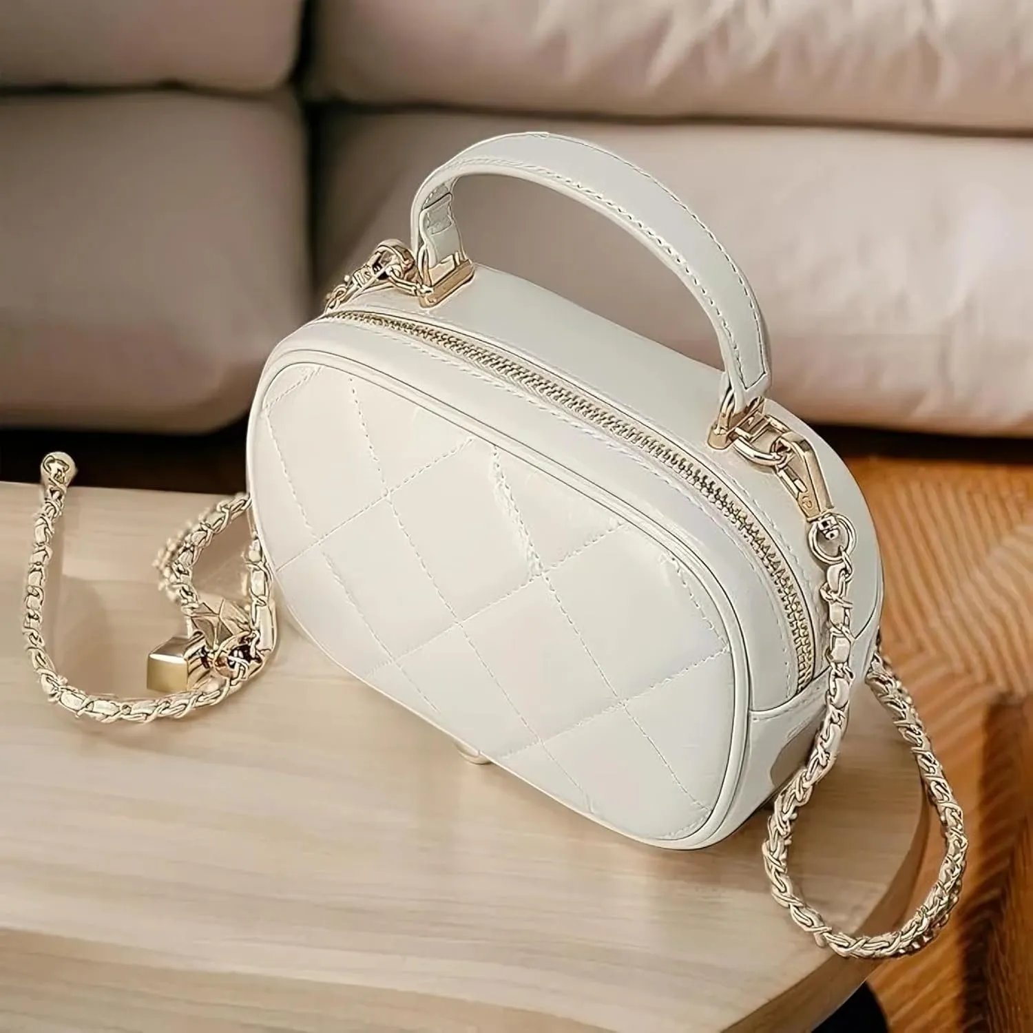 Leather Quilted Crossbody Bags for Women - Square Purse with Metal Chain Strap - Elegant Box Purse