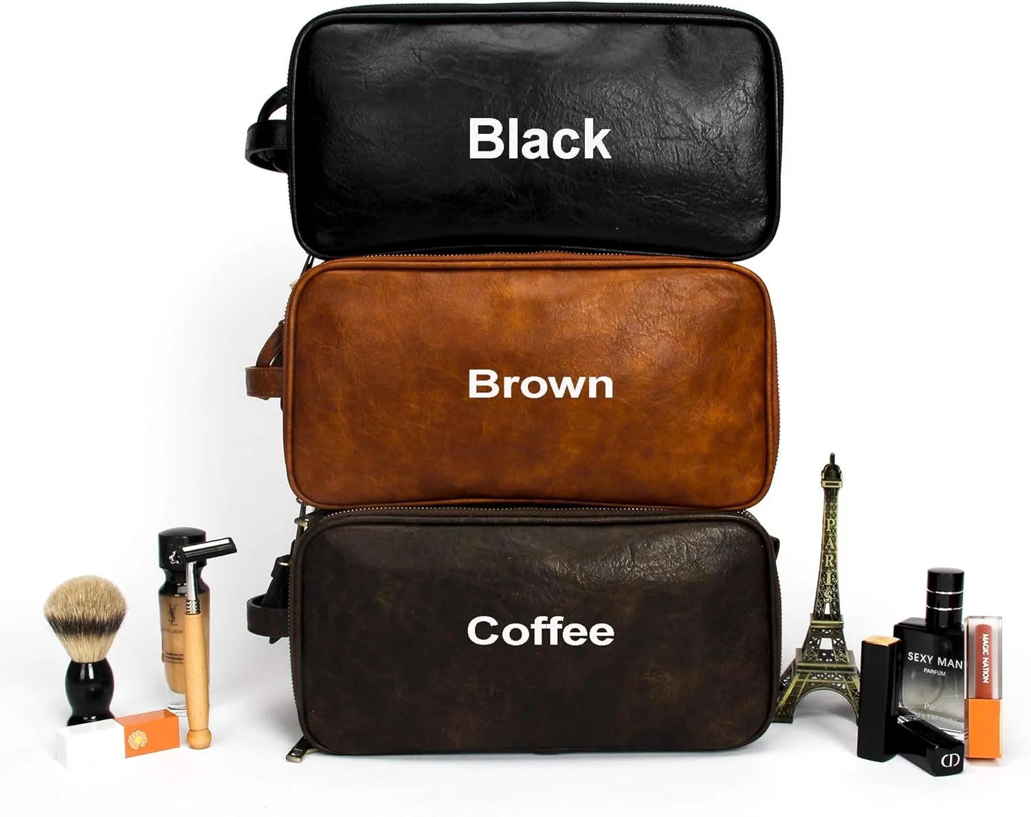 Leather Toiletry Bag for Men Personalized Dopp Kit for Travel Waterproof Shaving Bag Coffee
