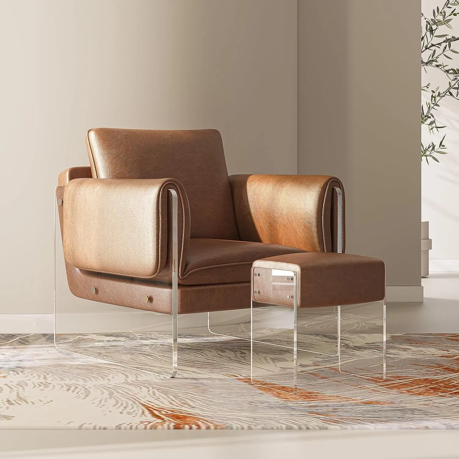 Leather Vanity Stool Chair, Modern Ottoman and Foot Rest with Leather and Acrylic Leg for Makeup Room, Living Room, Bedroom, Brown