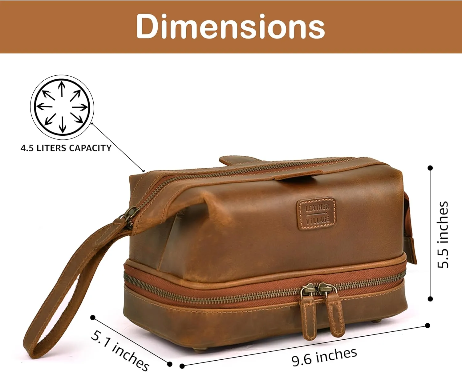 LEATHER VILLAGE Genuine Leather Dopp Kit – Large Travel Toiletry Bag with Waterproof Lining, Dual-Zip Design for Men & Women, Organizer for Shaving, Makeup & Essentials - Tan