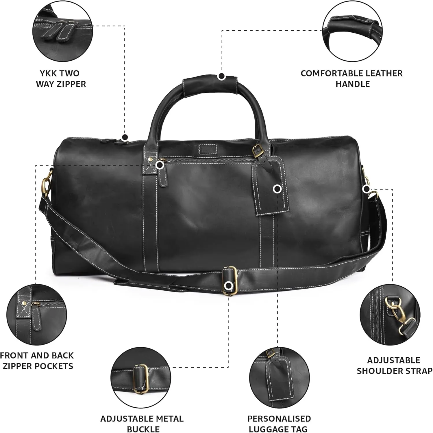 Leather Village Premium Leather Duffle Bags for Men & Women-Stylish Travel Weekender Carry-On Sports Gym Overnight Luggage Bag - 24 Inch - Black