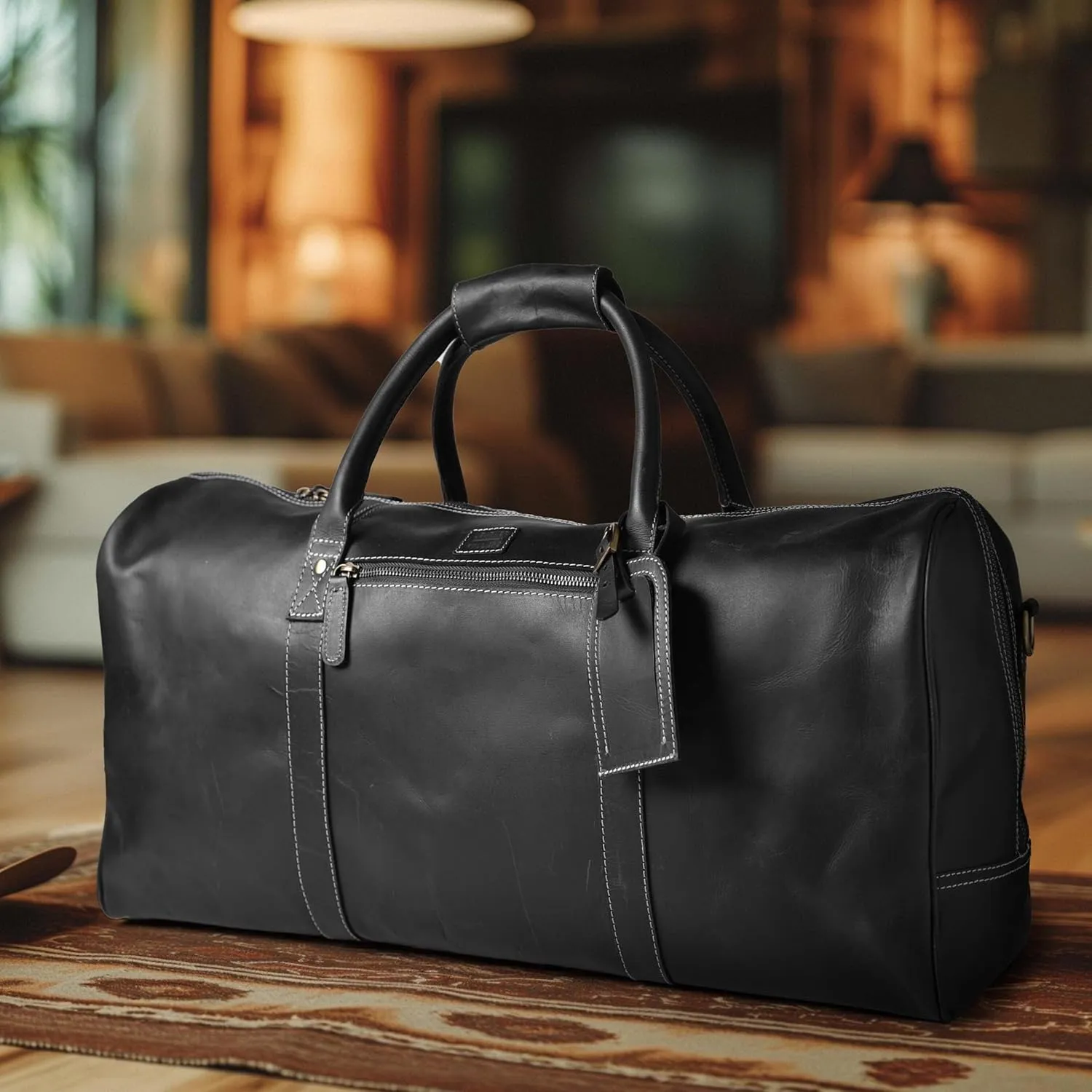 Leather Village Premium Leather Duffle Bags for Men & Women-Stylish Travel Weekender Carry-On Sports Gym Overnight Luggage Bag - 24 Inch - Black