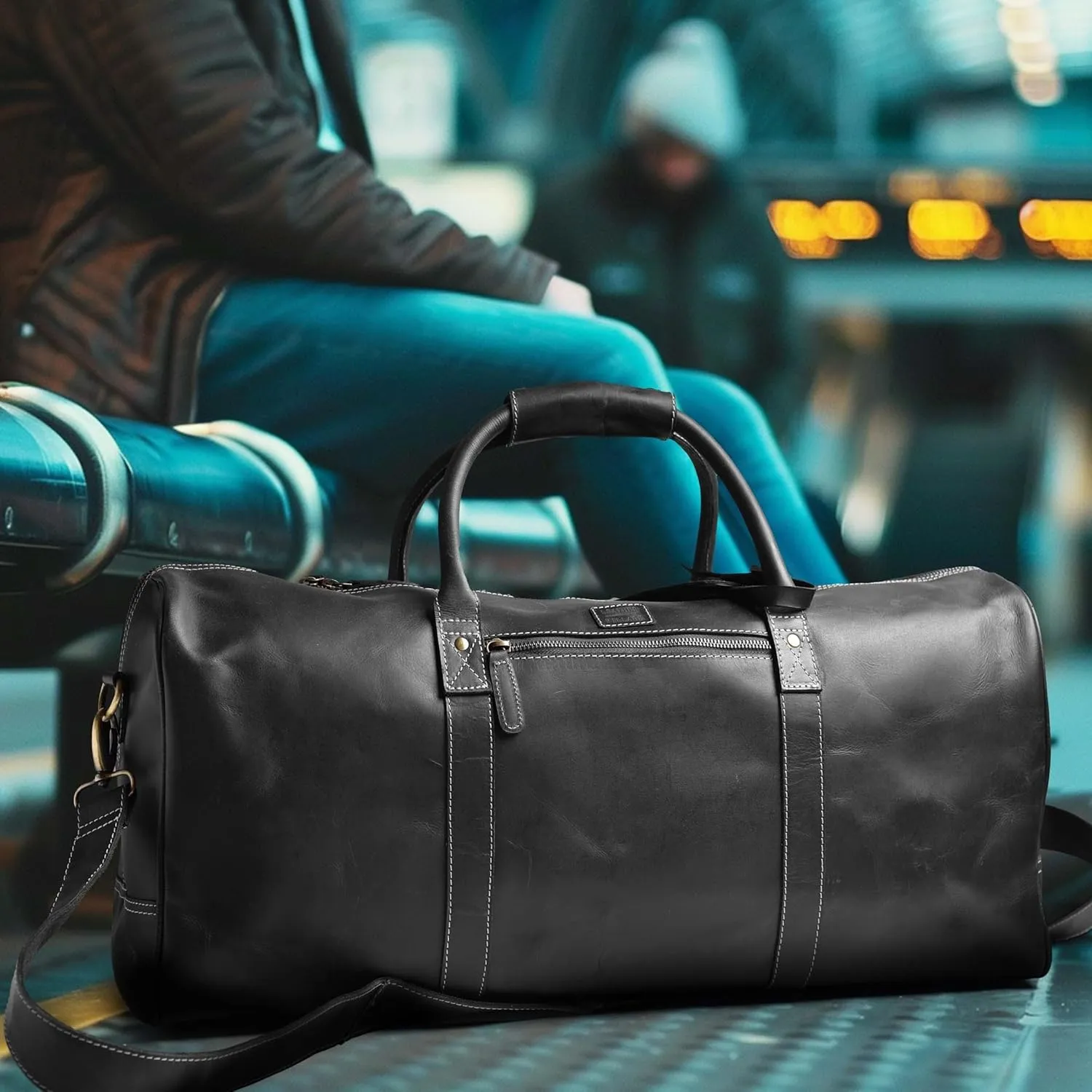 Leather Village Premium Leather Duffle Bags for Men & Women-Stylish Travel Weekender Carry-On Sports Gym Overnight Luggage Bag - 24 Inch - Black