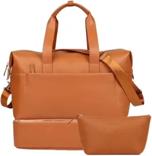 Leather Weekender Bag with Shoe Compartment & Vanity Bag- Organized Travel Tote with Luggage Trolley Strap & Laptop Sleeve- Durable & Stylish Gym Bag- Ideal for Business, Leisure, & More
