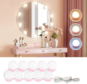LED Vanity Lights for Mirror, Consciot Hollywood Style Vanity Lights with 10 Dimmable Bulbs, Adjustable Color & Brightness, USB Cable, Mirror Lights Stick on for Makeup Table Dressing Room Mirror