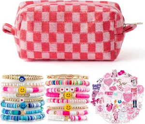 LieToi 67Pcs Checkered Cosmetic Bag Set Pink Knitted Toiletry Makeup Bag Preppy Heishi Surfer Bracelets Stackable Disc Layering Bracelets Aesthetic Preppy Style Stickers Decals Gifts for Women