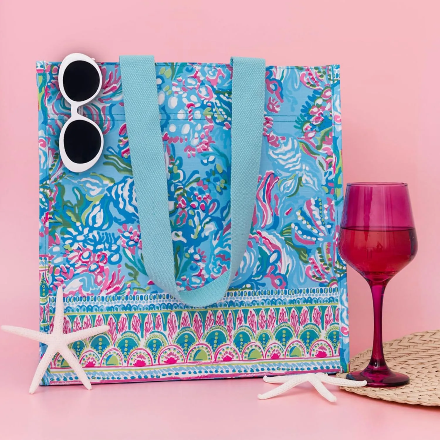 Lilly Pulitzer Blue/Green Market Shopper Bag, Reusable Grocery Tote with Comfortable Shoulder Straps, Aqua La Vista