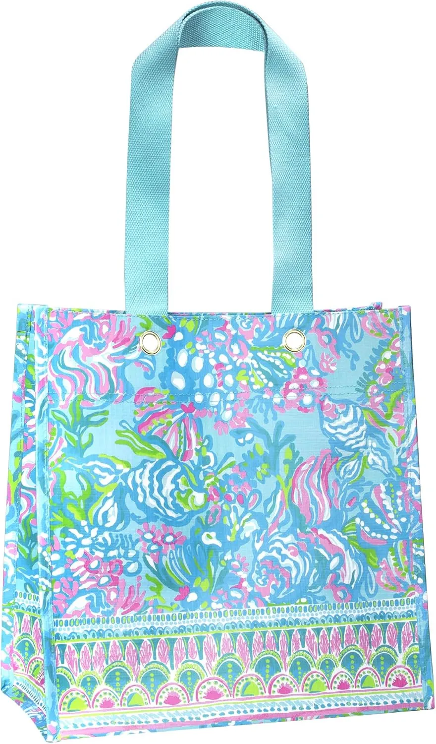 Lilly Pulitzer Blue/Green Market Shopper Bag, Reusable Grocery Tote with Comfortable Shoulder Straps, Aqua La Vista