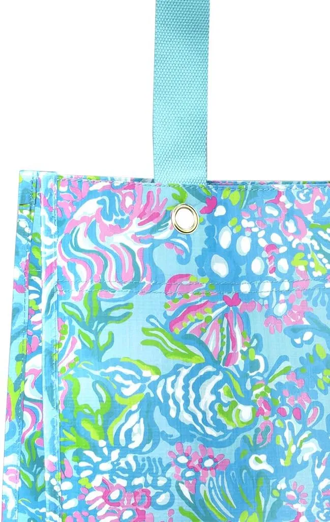 Lilly Pulitzer Blue/Green Market Shopper Bag, Reusable Grocery Tote with Comfortable Shoulder Straps, Aqua La Vista