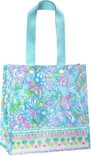 Lilly Pulitzer Blue/Green Market Shopper Bag, Reusable Grocery Tote with Comfortable Shoulder Straps, Aqua La Vista