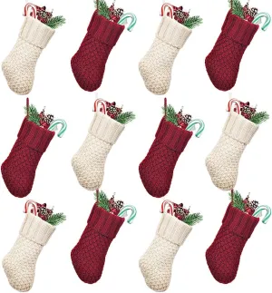 LimBridge Christmas Mini Stockings, 12 Pack 7 inches Knit Knitted Rustic Stocking Decorations, Goodie Bags for Family Friends, Cream Burgundy