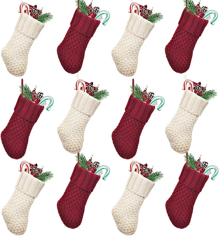 LimBridge Christmas Mini Stockings, 12 Pack 7 inches Knit Knitted Rustic Stocking Decorations, Goodie Bags for Family Friends, Cream Burgundy