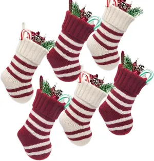 LimBridge Christmas Mini Stockings, 6 Pack 9 inches Knitted Knit Stripe Rustic Holiday Decorations, Goodie Bags for Family and Friends, Burgundy and Cream
