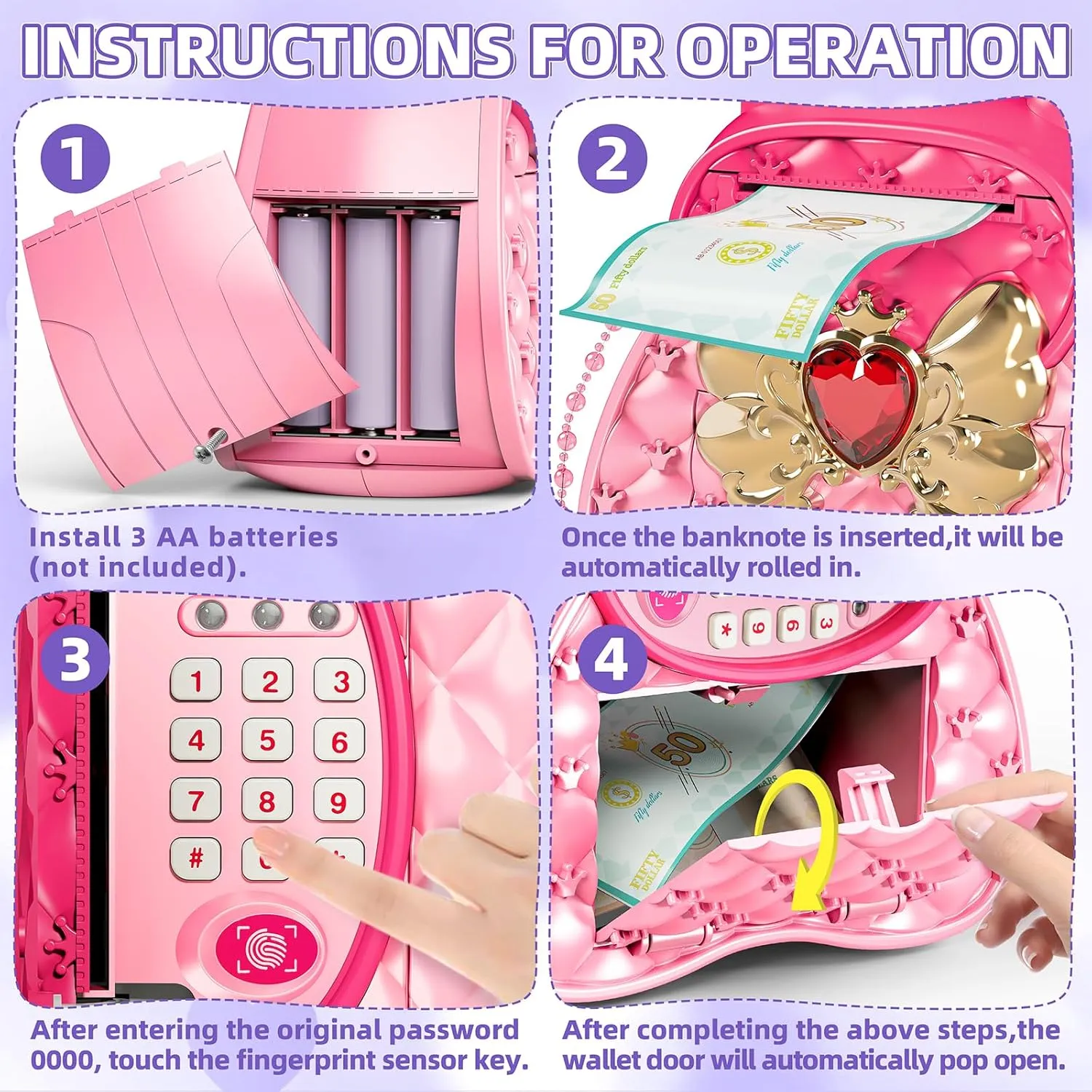 Little Girls Toy Play Purse Money Bank for Age 6-8, Kids Safe Electronic Piggy Bank Toy with Password, Birthday Ideas for 3 4 5 6 7 8 9 10 Years Old Toddlers Girls (Pink)