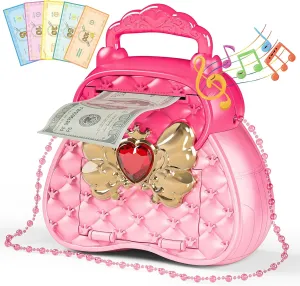 Little Girls Toy Play Purse Money Bank for Age 6-8, Kids Safe Electronic Piggy Bank Toy with Password, Birthday Ideas for 3 4 5 6 7 8 9 10 Years Old Toddlers Girls (Pink)