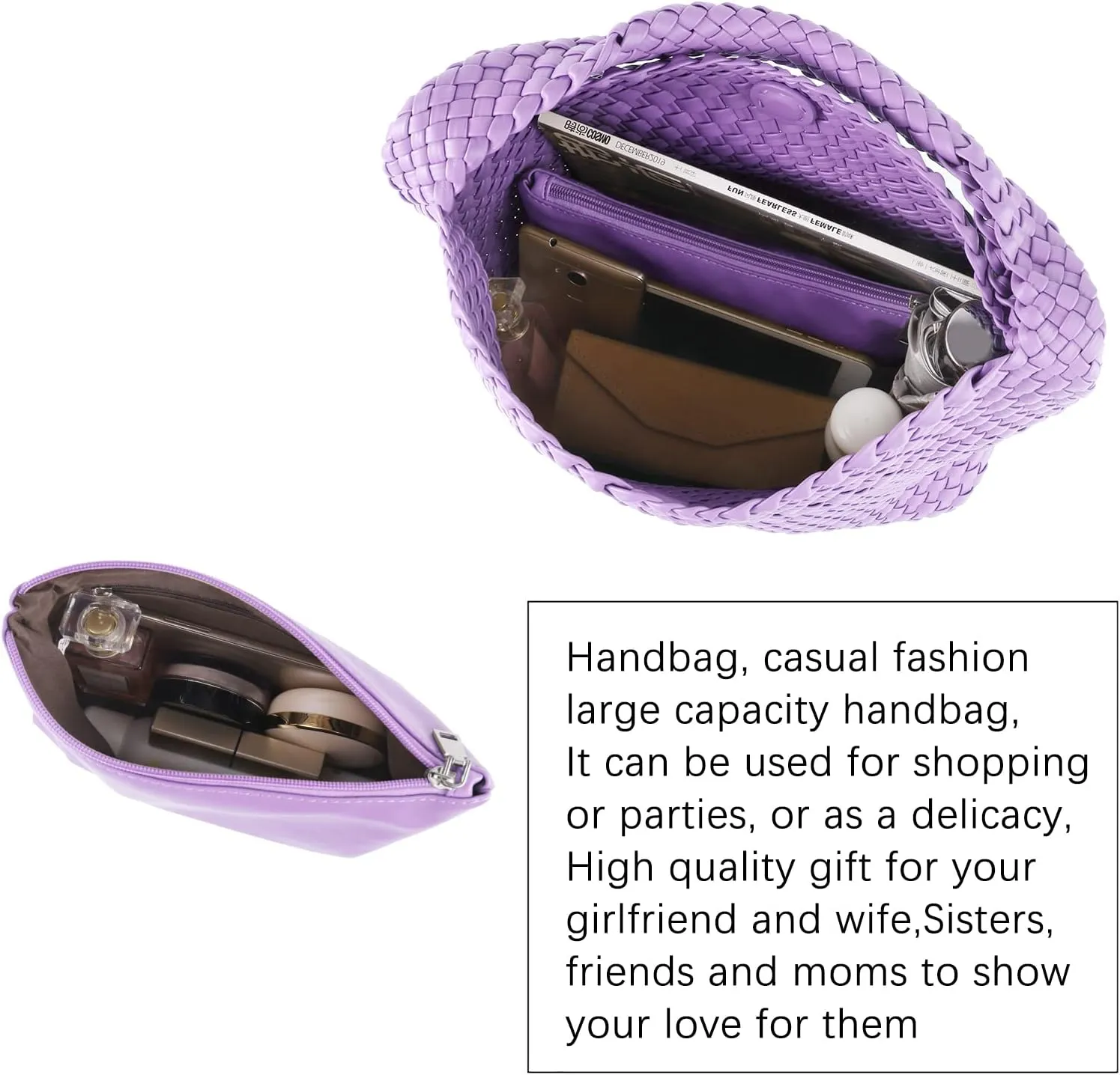 LMKIDS Women Vegan Leather Hand-Woven Tote Handbag Fashion Shoulder Top-handle Bag All-Match Underarm Bag with Purse