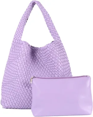 LMKIDS Women Vegan Leather Hand-Woven Tote Handbag Fashion Shoulder Top-handle Bag All-Match Underarm Bag with Purse