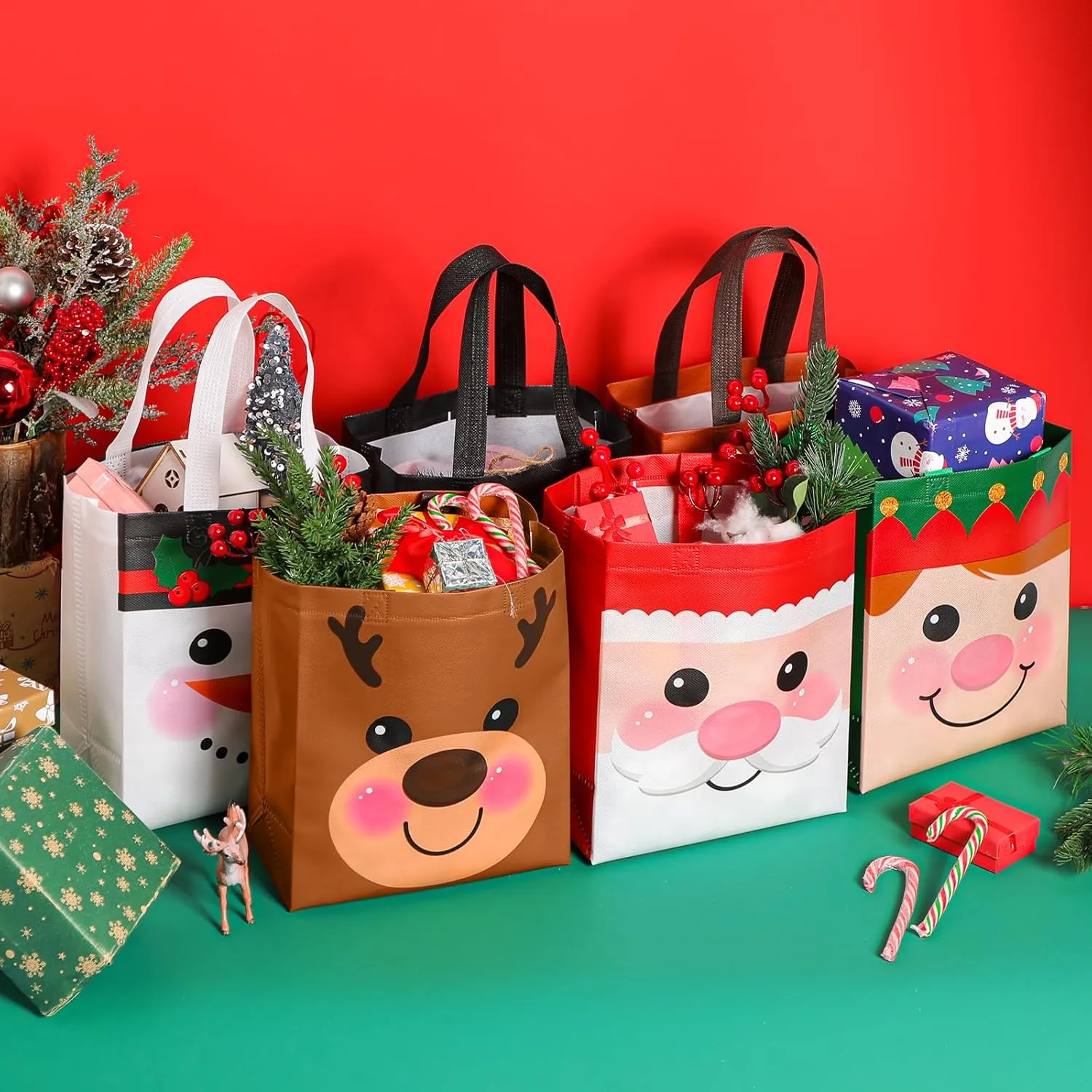 Locmeo 24 Pcs Reusable Christmas Candy Bags - 10 x 8 x 4 Inch Non Woven Gift Doll Bags for Party Favors & Holiday Gifts
