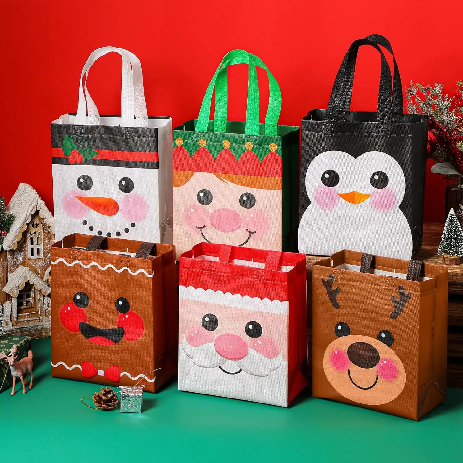 Locmeo 24 Pcs Reusable Christmas Candy Bags - 10 x 8 x 4 Inch Non Woven Gift Doll Bags for Party Favors & Holiday Gifts