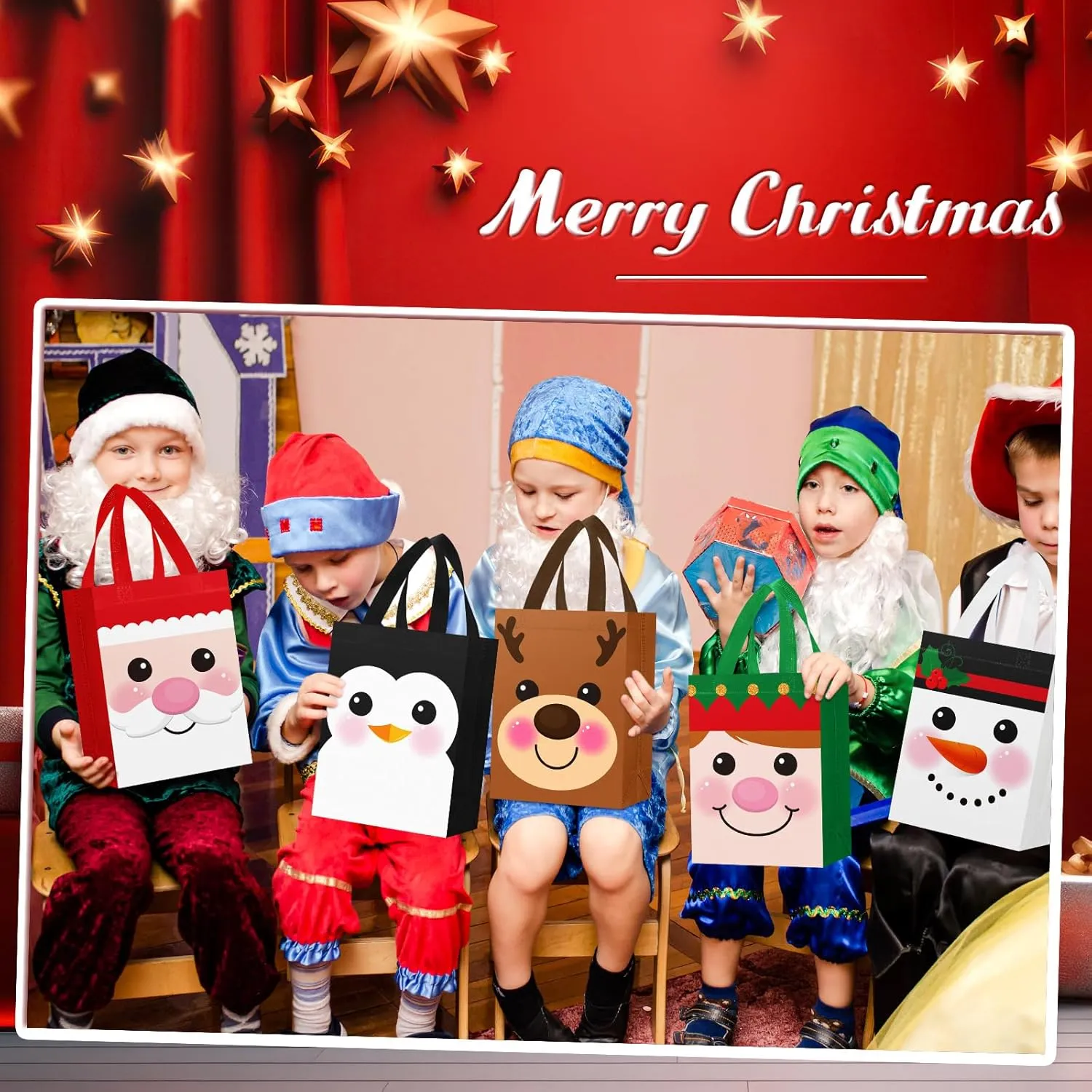 Locmeo 24 Pcs Reusable Christmas Candy Bags - 10 x 8 x 4 Inch Non Woven Gift Doll Bags for Party Favors & Holiday Gifts