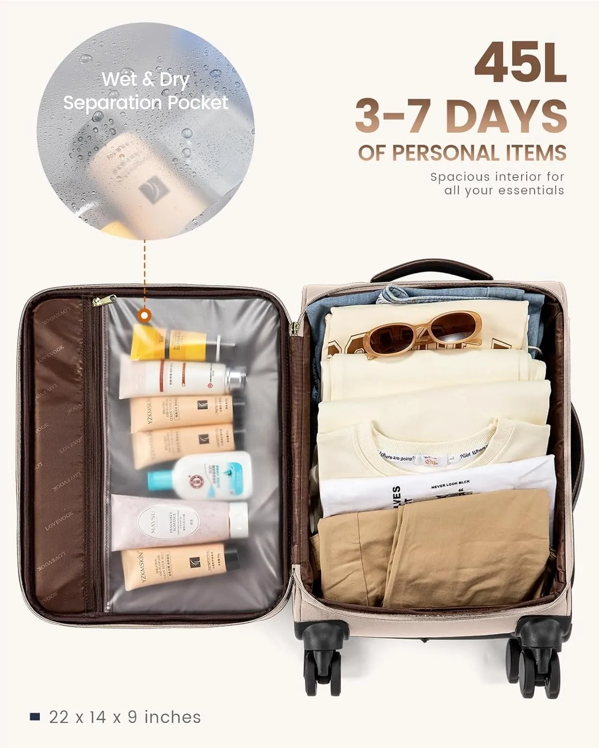 LOVEVOOK 4 Pcs Carry On Luggage 22x14x9 Airline Approved, 20 Inch Carry On Suitcases with Wheels, Softside Rolling Suitcase for Women Men, with TSA Lock Weekender Travel Luggage