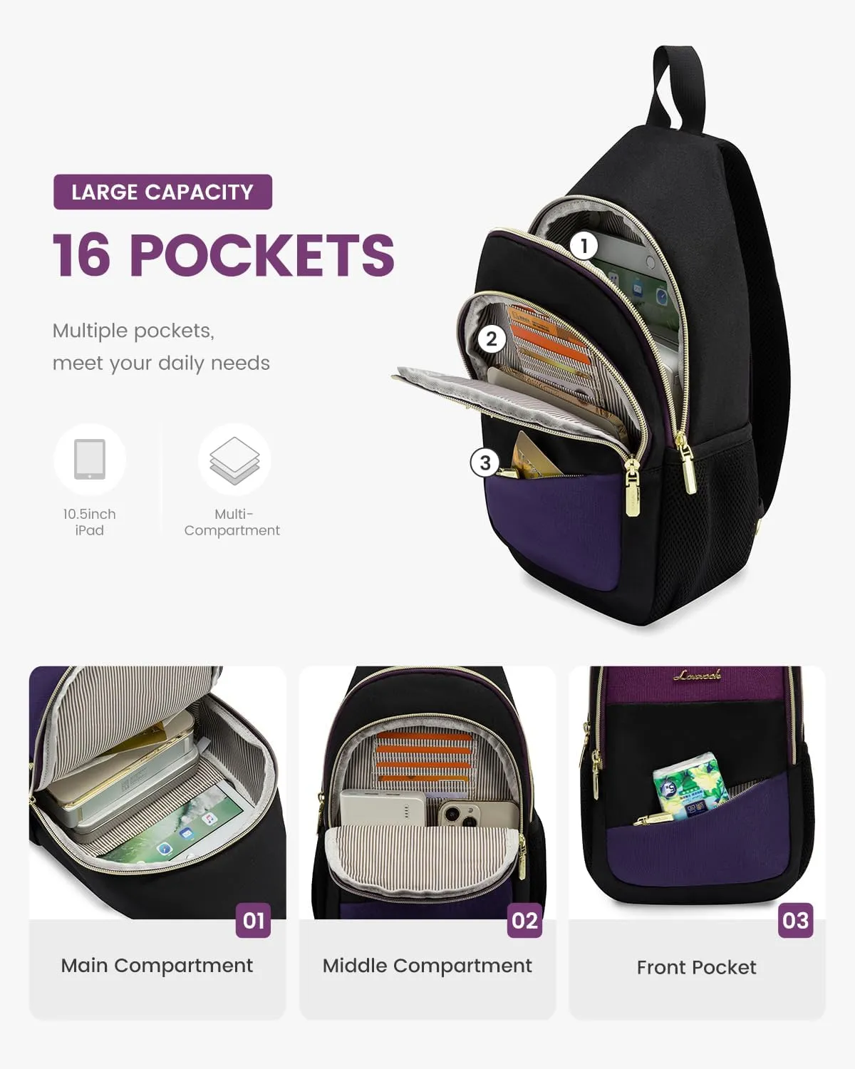 LOVEVOOK Sling Bag for Women, Sling Backpack Crossbody Bag Convertible, Small Diaper Bag Hiking Daypacks Water-resistant, Travel Shoulder Bag Chest Bag, Black Blue Purple