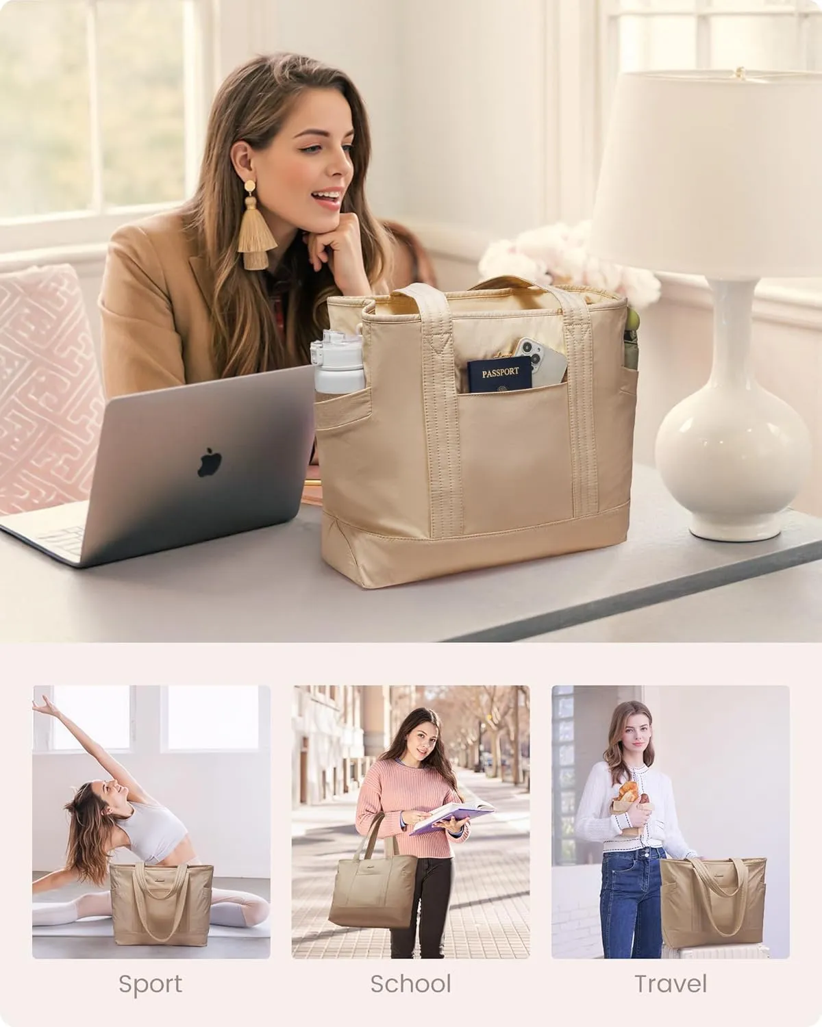 LOVEVOOK Tote Bag for Women,Lightweight Gym Tote Bag with Zipper,Work Tote with Laptop Pocket,Nurse Dance Yoga Bag for Travel