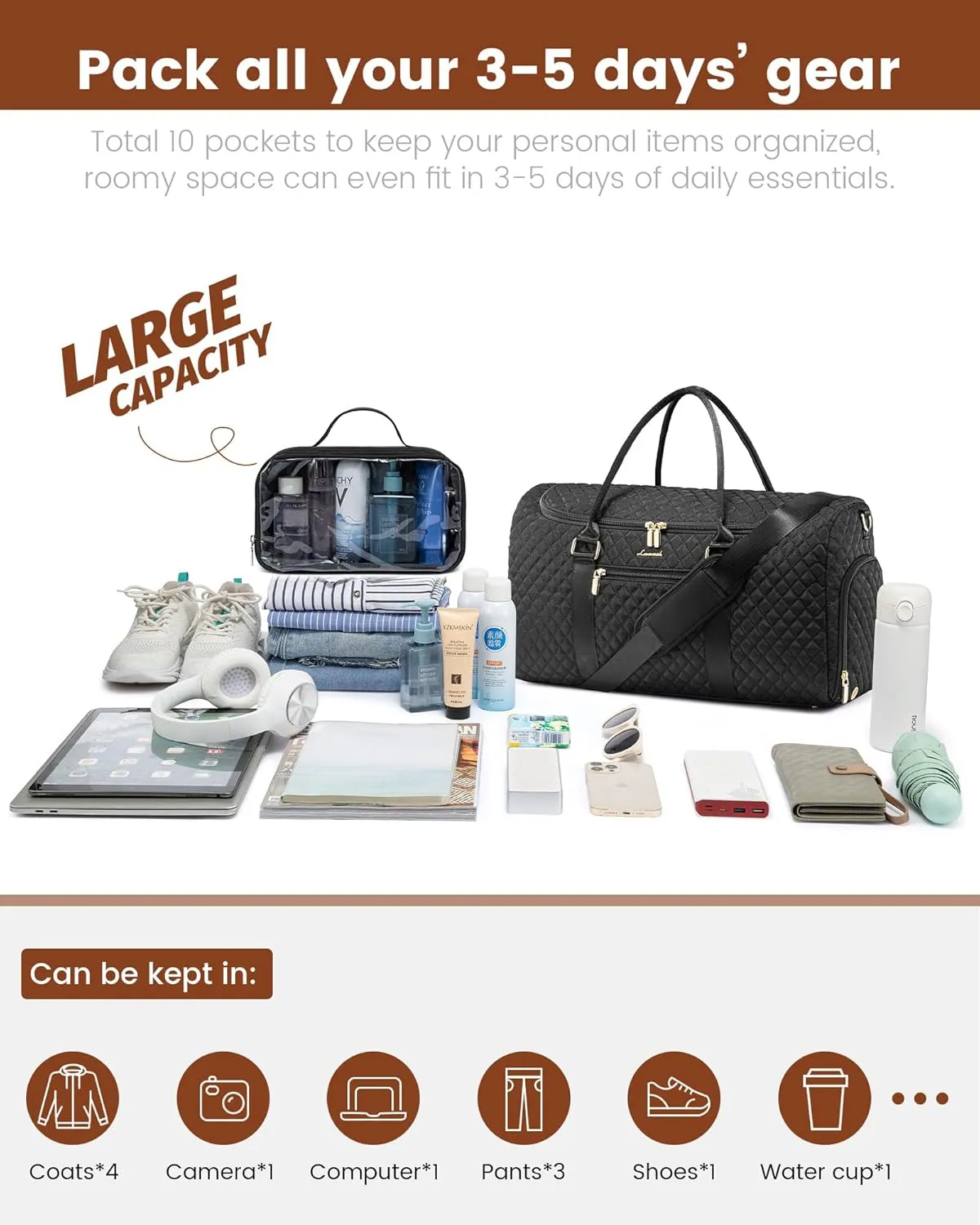 LOVEVOOK Travel Duffle Bag, 40L Weekender Overnight Bag with Toiletry, Quilted Carry On Bags with Shoe Compartment, Gym Duffel Bags with Wet Pocket for Women, Hospital Bags for Labor and Delivery