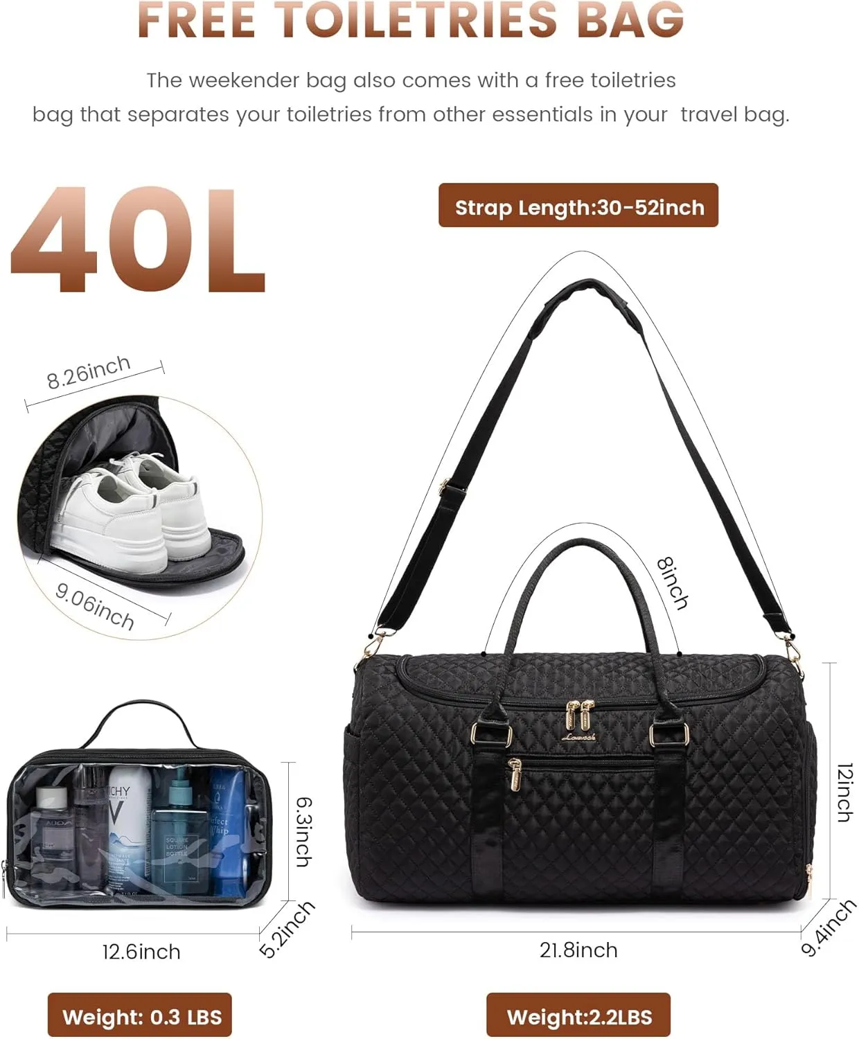 LOVEVOOK Travel Duffle Bag, 40L Weekender Overnight Bag with Toiletry, Quilted Carry On Bags with Shoe Compartment, Gym Duffel Bags with Wet Pocket for Women, Hospital Bags for Labor and Delivery