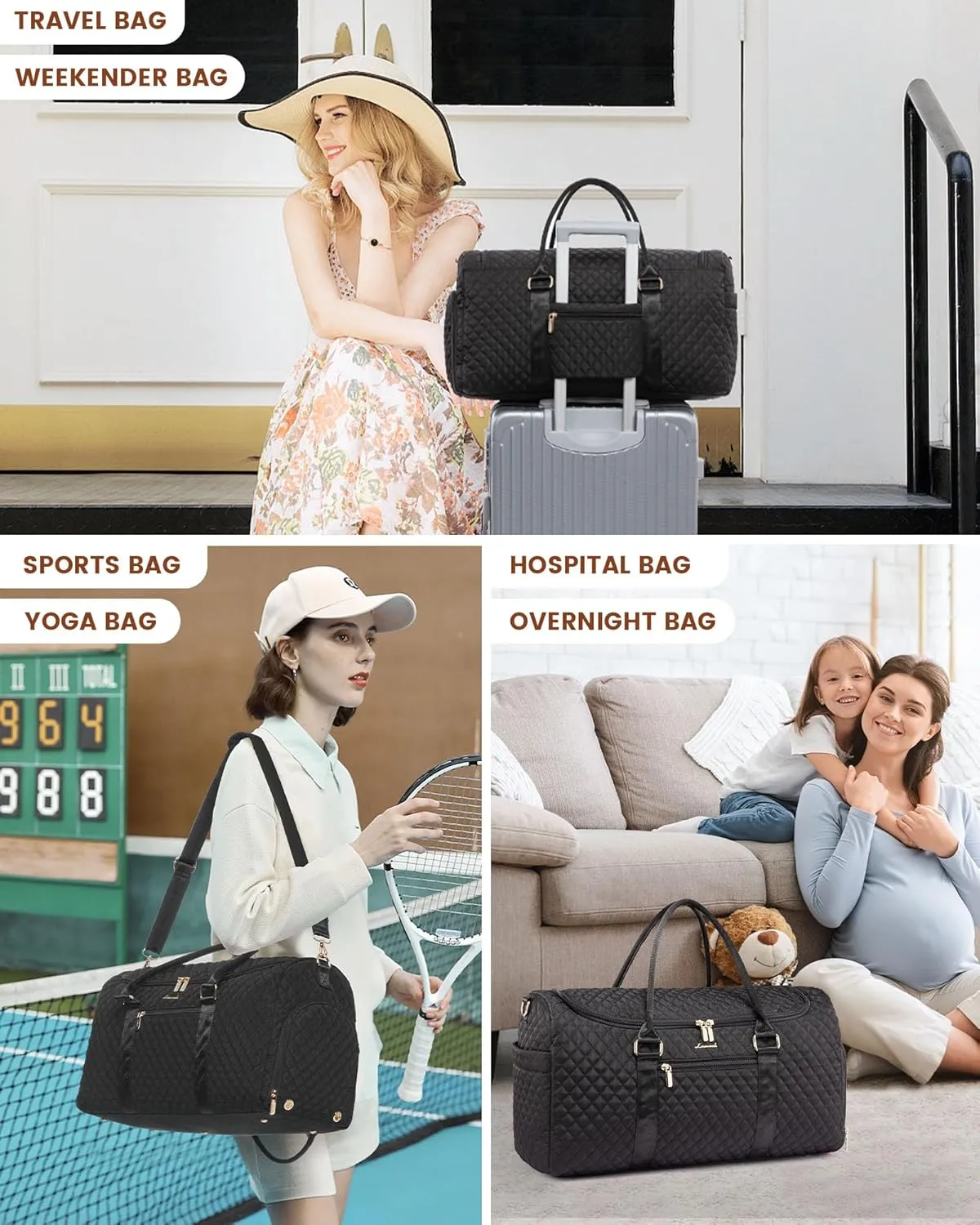 LOVEVOOK Travel Duffle Bag, 40L Weekender Overnight Bag with Toiletry, Quilted Carry On Bags with Shoe Compartment, Gym Duffel Bags with Wet Pocket for Women, Hospital Bags for Labor and Delivery