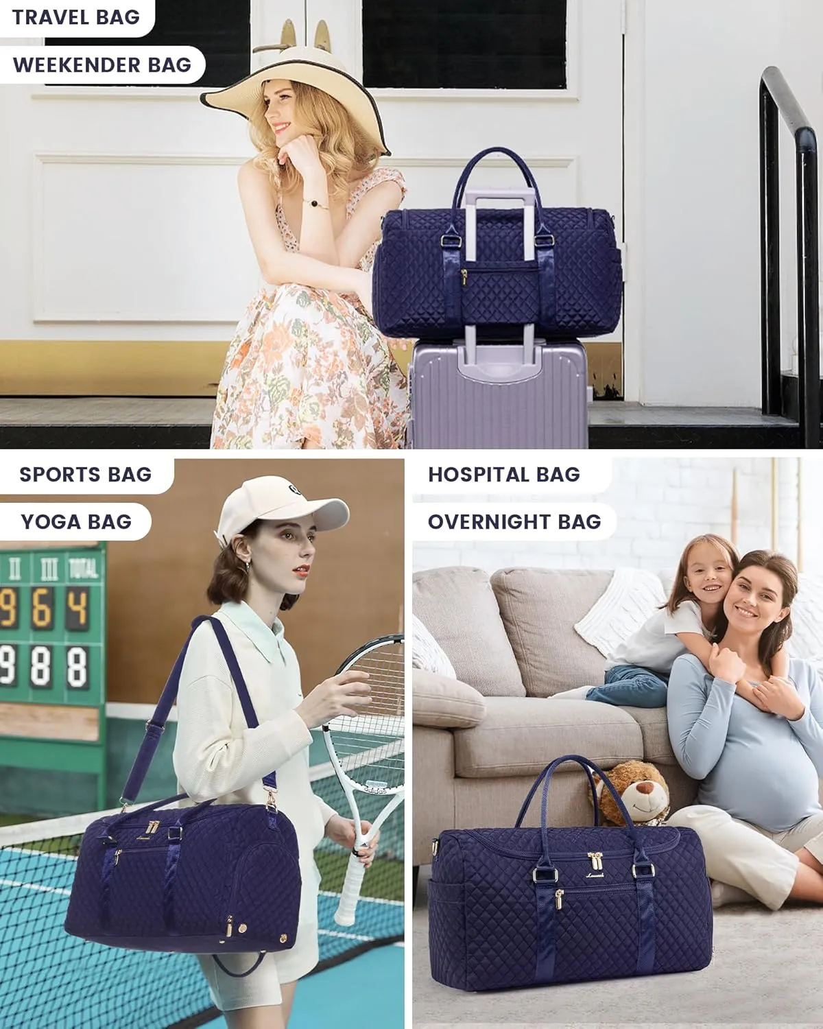 LOVEVOOK Travel Duffle Bag, 40L Weekender Overnight Bag with Toiletry, Quilted Carry On Bags with Shoe Compartment, Gym Duffelwith Wet Pocket for Women, Hospital Bags for Labor and Delivery