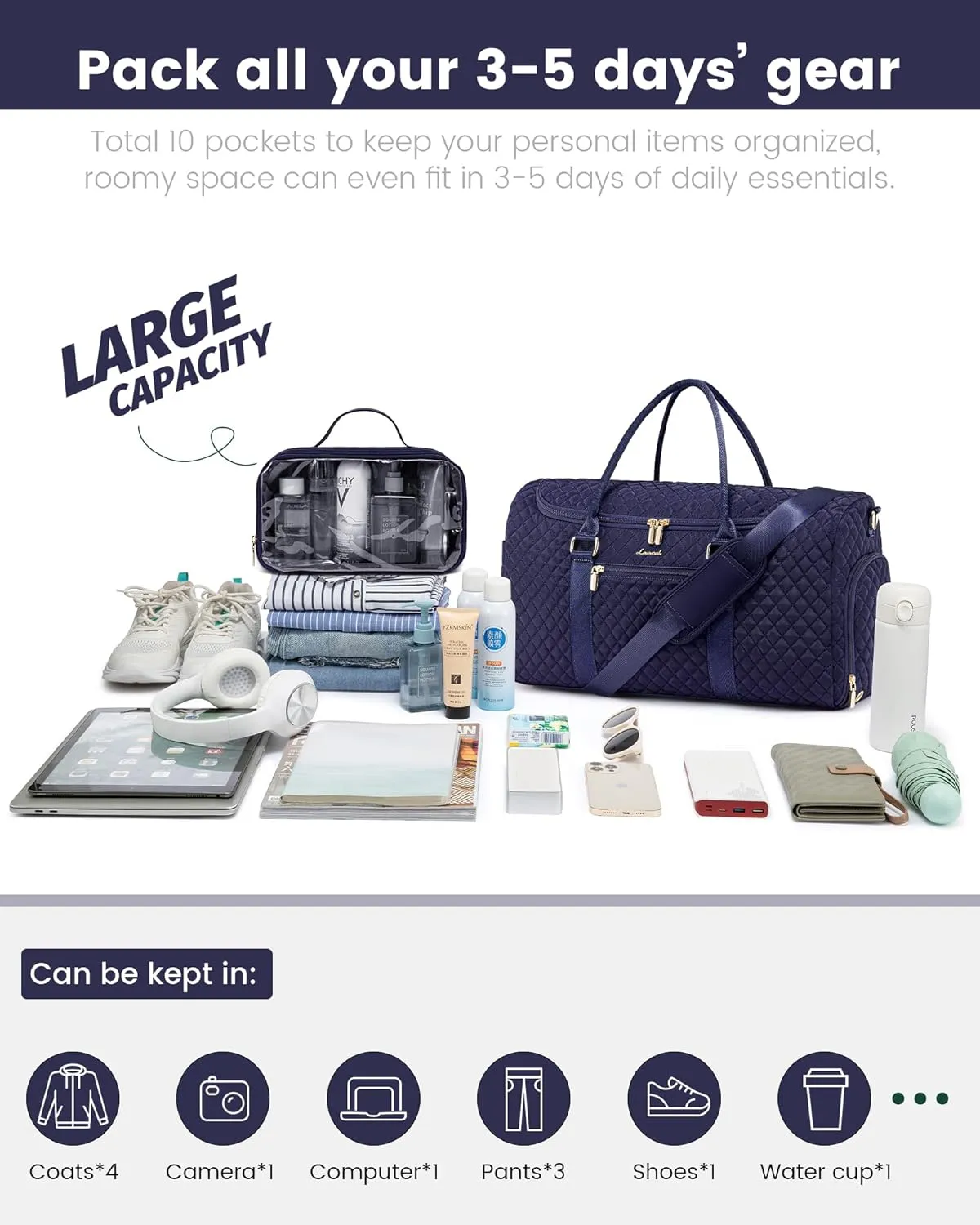 LOVEVOOK Travel Duffle Bag, 40L Weekender Overnight Bag with Toiletry, Quilted Carry On Bags with Shoe Compartment, Gym Duffelwith Wet Pocket for Women, Hospital Bags for Labor and Delivery