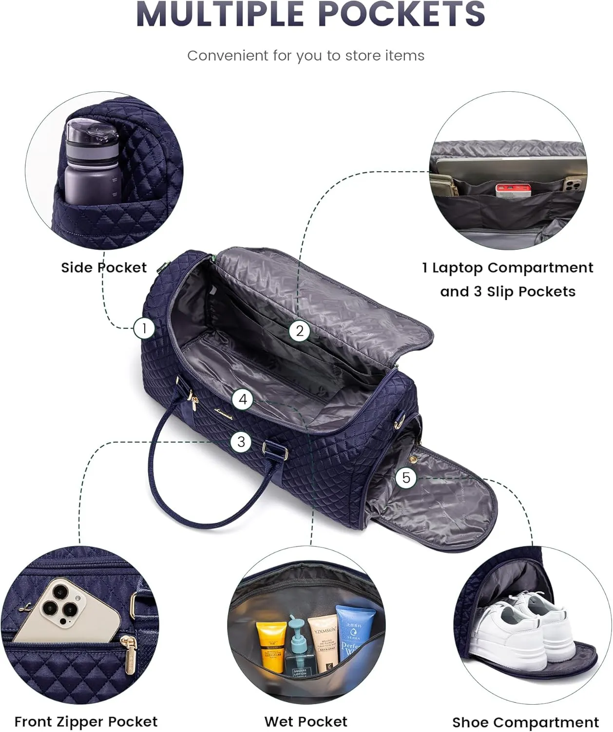 LOVEVOOK Travel Duffle Bag, 40L Weekender Overnight Bag with Toiletry, Quilted Carry On Bags with Shoe Compartment, Gym Duffelwith Wet Pocket for Women, Hospital Bags for Labor and Delivery