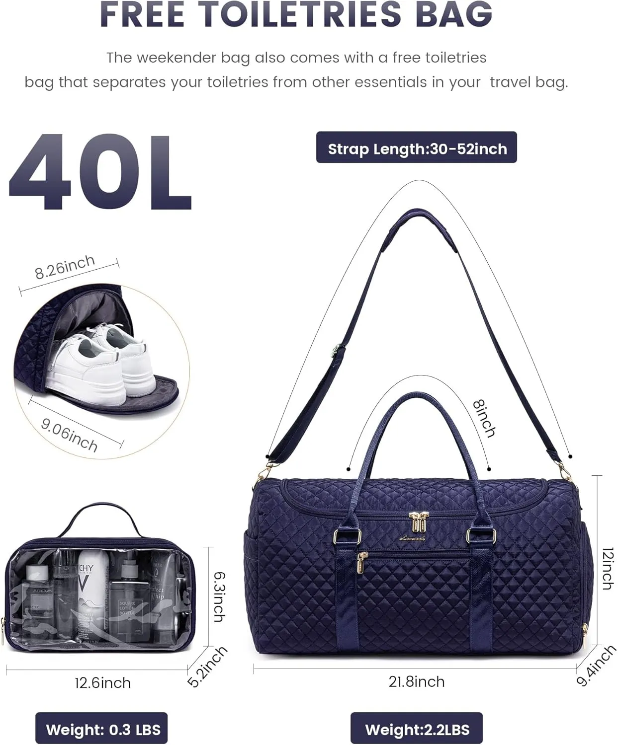 LOVEVOOK Travel Duffle Bag, 40L Weekender Overnight Bag with Toiletry, Quilted Carry On Bags with Shoe Compartment, Gym Duffelwith Wet Pocket for Women, Hospital Bags for Labor and Delivery