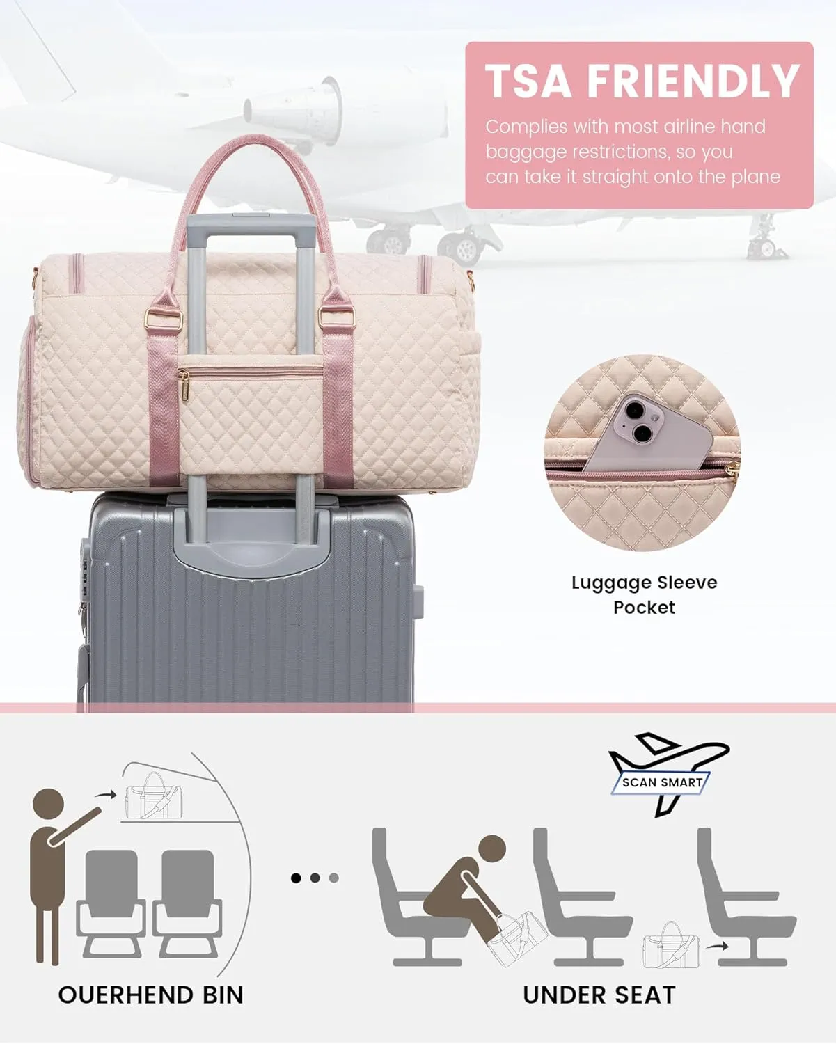 LOVEVOOK Travel Duffle Bag, 40L Weekender Overnight Bags with Toiletry, Quilted Carry On Bag with Shoe Compartment, Gym Duffel Bag with Wet Pocket for Women, Hospital Bags for Labor and Delivery