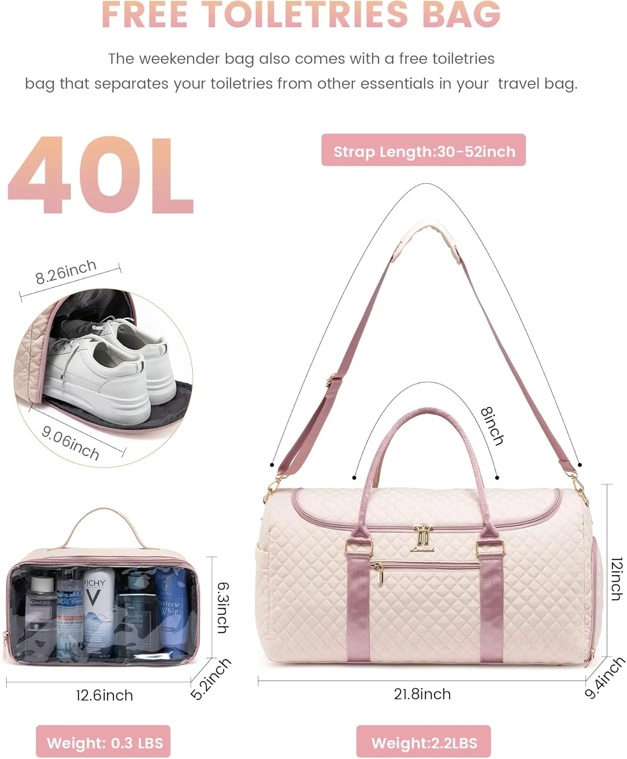 LOVEVOOK Travel Duffle Bag, 40L Weekender Overnight Bags with Toiletry, Quilted Carry On Bag with Shoe Compartment, Gym Duffel Bag with Wet Pocket for Women, Hospital Bags for Labor and Delivery