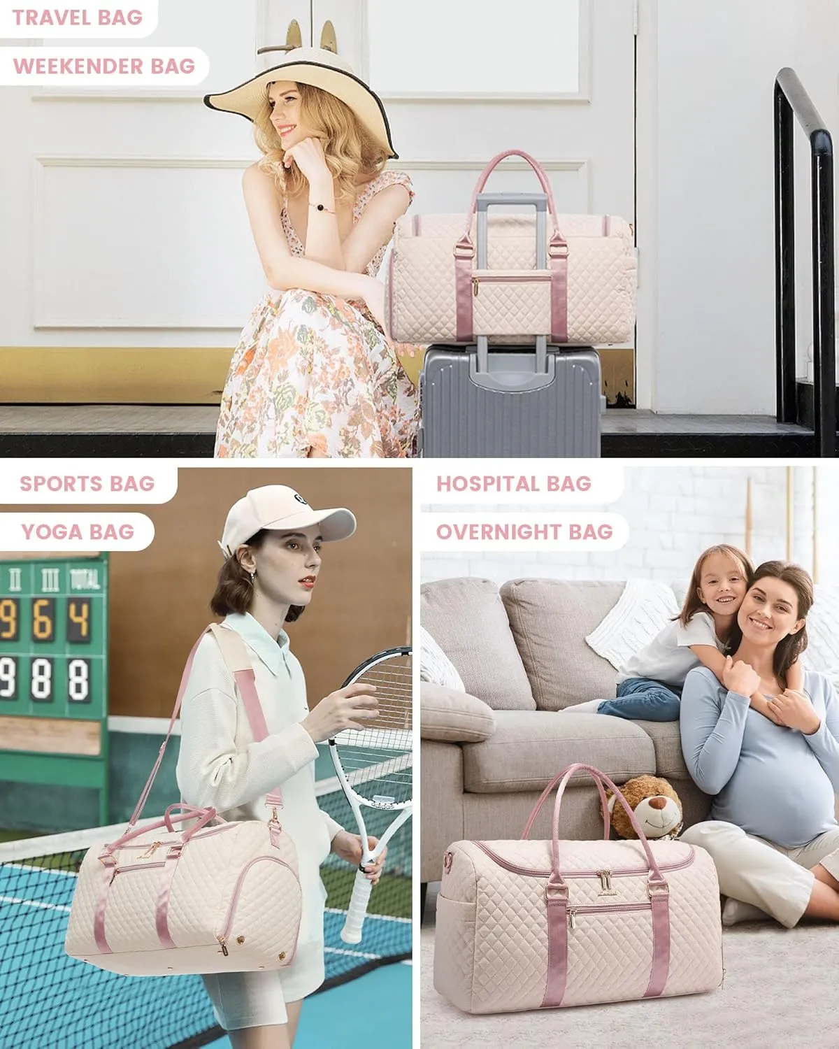 LOVEVOOK Travel Duffle Bag, 40L Weekender Overnight Bags with Toiletry, Quilted Carry On Bag with Shoe Compartment, Gym Duffel Bag with Wet Pocket for Women, Hospital Bags for Labor and Delivery