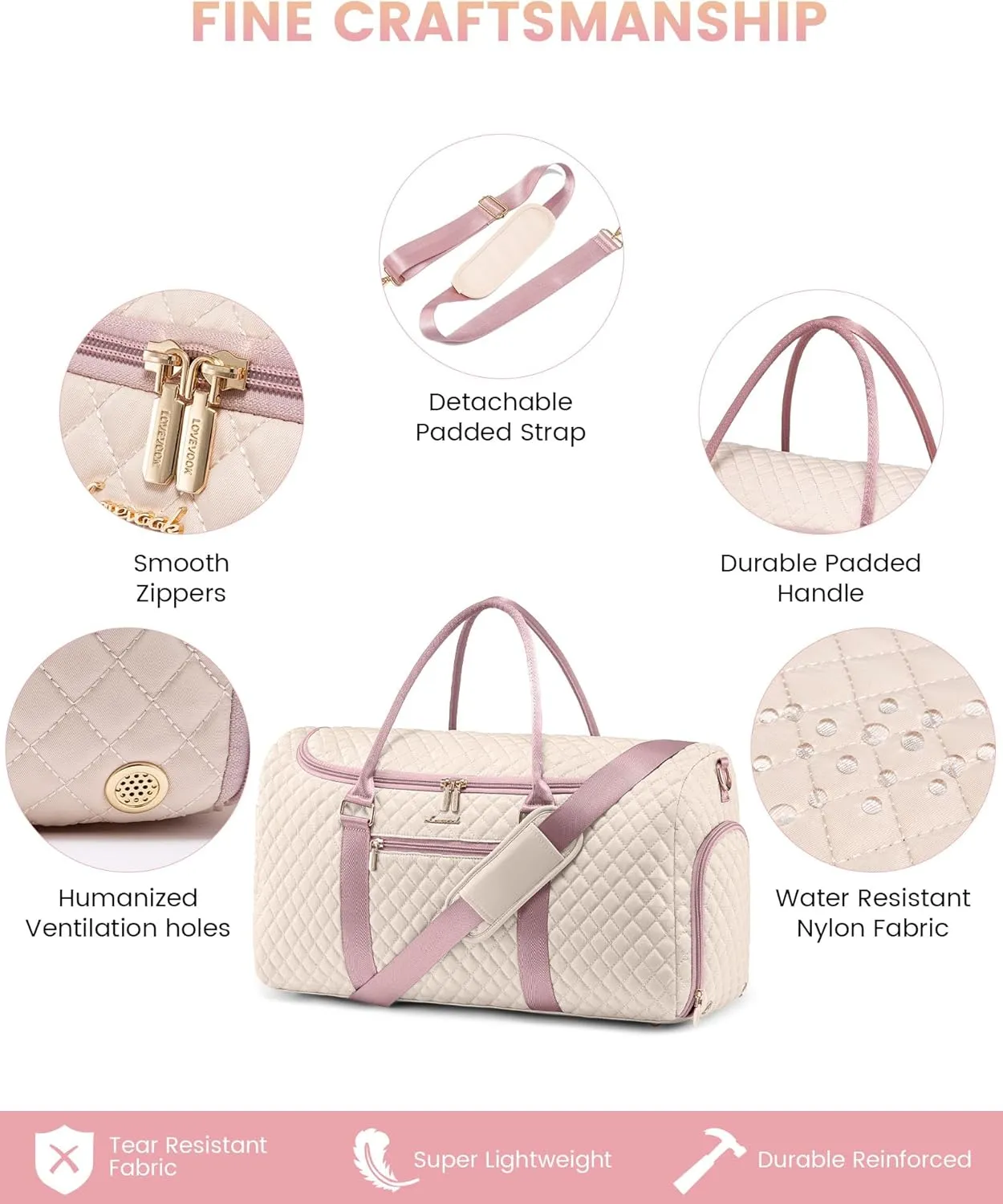 LOVEVOOK Travel Duffle Bag, 40L Weekender Overnight Bags with Toiletry, Quilted Carry On Bag with Shoe Compartment, Gym Duffel Bag with Wet Pocket for Women, Hospital Bags for Labor and Delivery