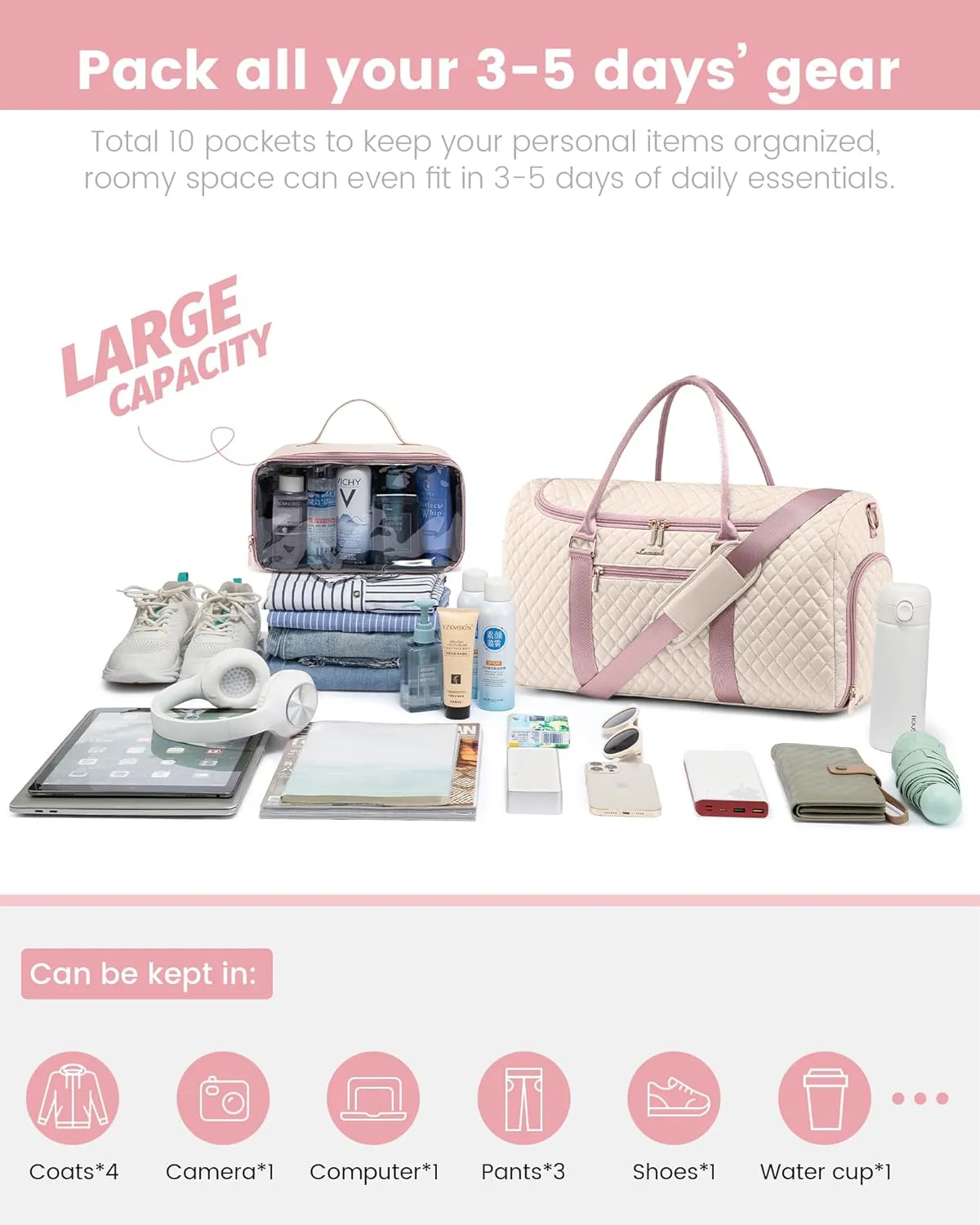 LOVEVOOK Travel Duffle Bag, 40L Weekender Overnight Bags with Toiletry, Quilted Carry On Bag with Shoe Compartment, Gym Duffel Bag with Wet Pocket for Women, Hospital Bags for Labor and Delivery