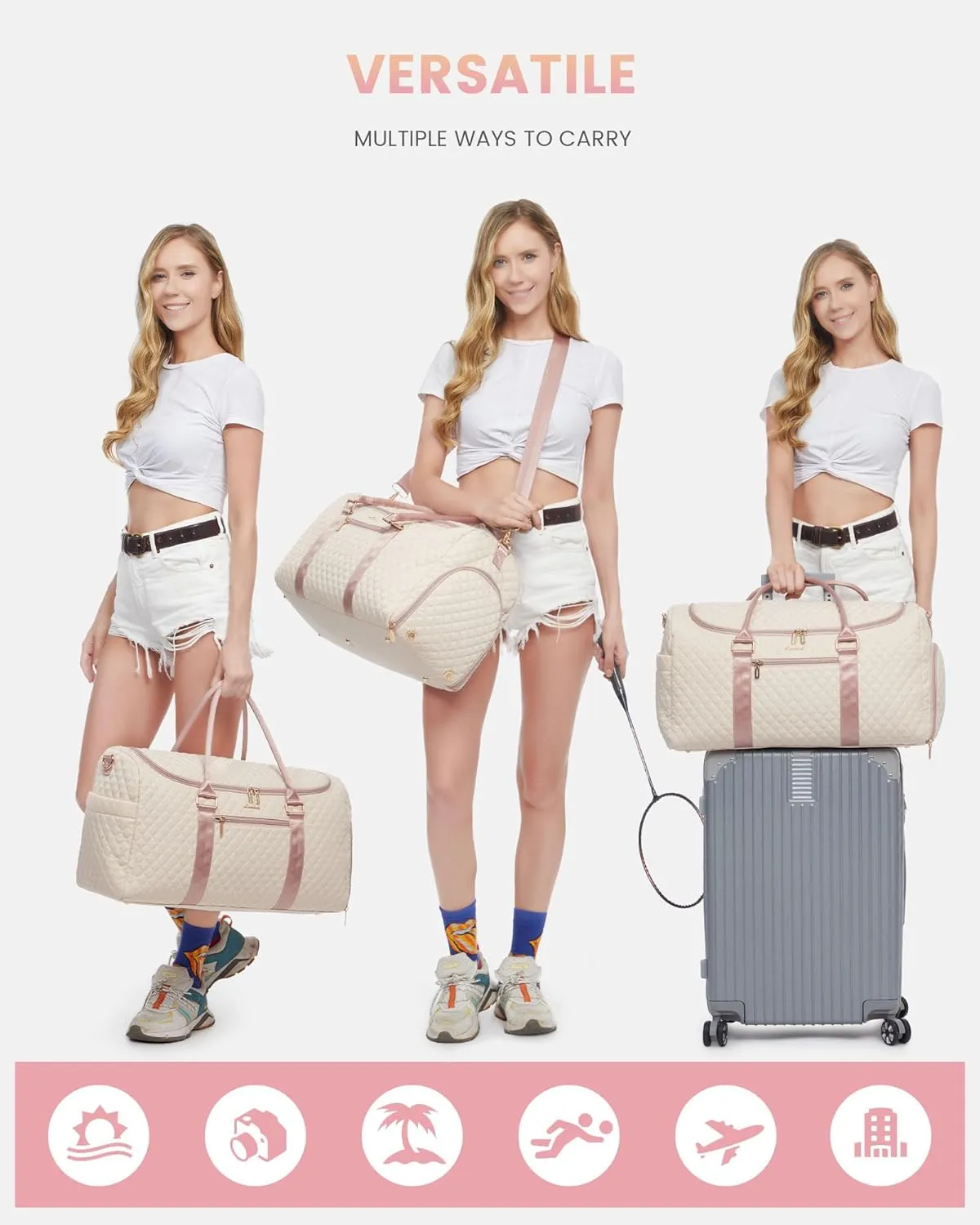 LOVEVOOK Travel Duffle Bag, 40L Weekender Overnight Bags with Toiletry, Quilted Carry On Bag with Shoe Compartment, Gym Duffel Bag with Wet Pocket for Women, Hospital Bags for Labor and Delivery