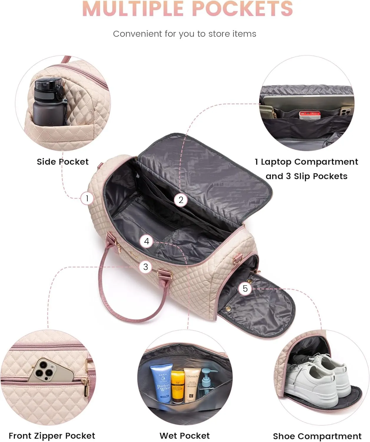 LOVEVOOK Travel Duffle Bag, 40L Weekender Overnight Bags with Toiletry, Quilted Carry On Bag with Shoe Compartment, Gym Duffel Bag with Wet Pocket for Women, Hospital Bags for Labor and Delivery
