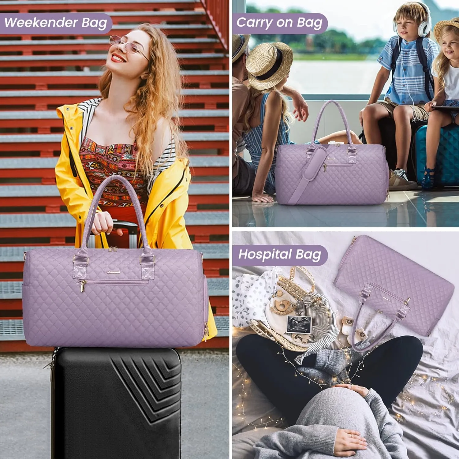 LOVEVOOK Travel Duffle Bag, Weekender Bag for Women with Toiletry Bag, Carry on Overnight Bag with Shoe Compartment, Gym Duffel Bag with Wet Pocket, Mommy Hospital Bags for Labor and Delivery