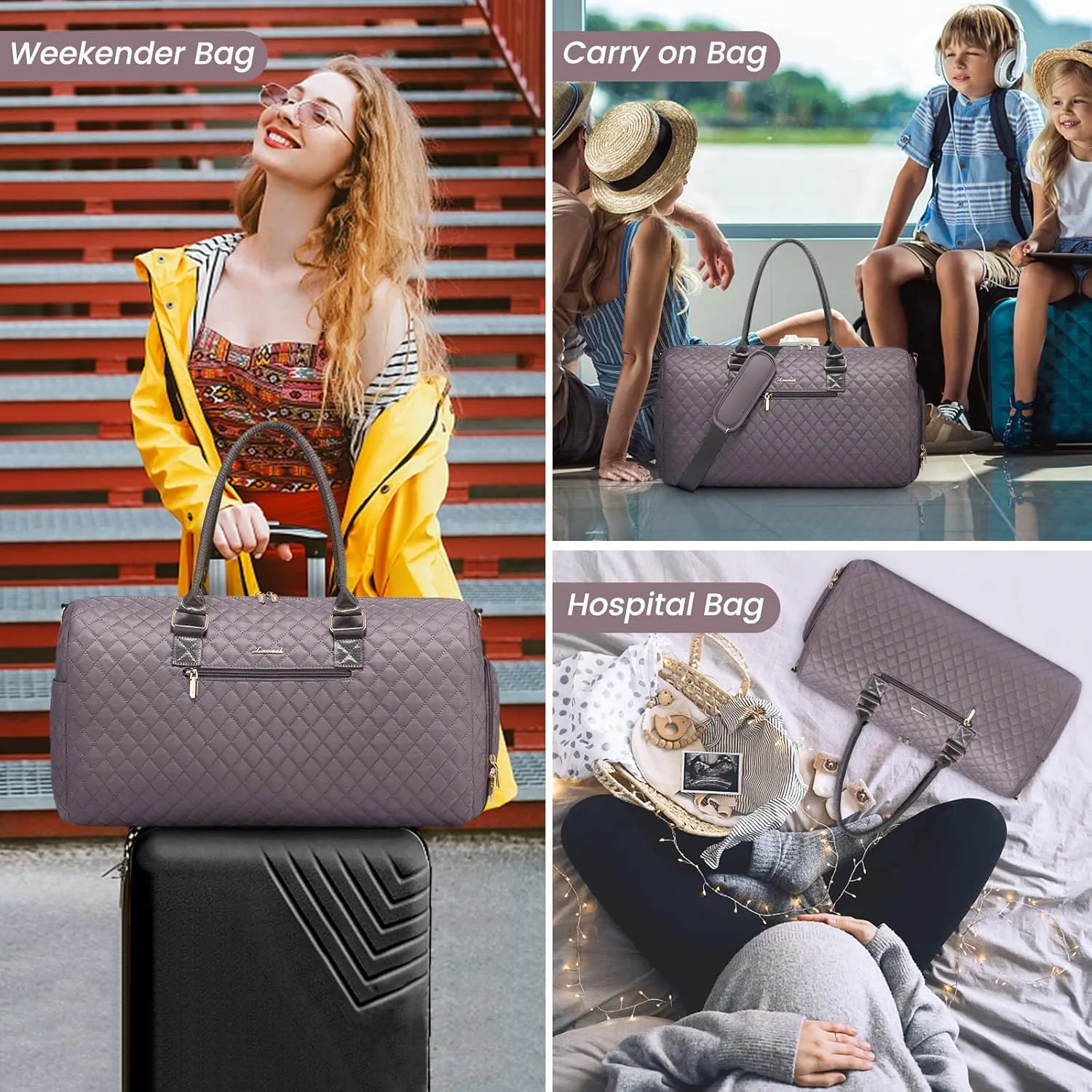 LOVEVOOK Travel Duffle Bag, Weekender Bag for Women with Toiletry Bag, Carry on Overnight Bag with Shoe Compartment, Gym Duffel Bag with Wet Pocket, Mommy Hospital Bags for Labor and Delivery