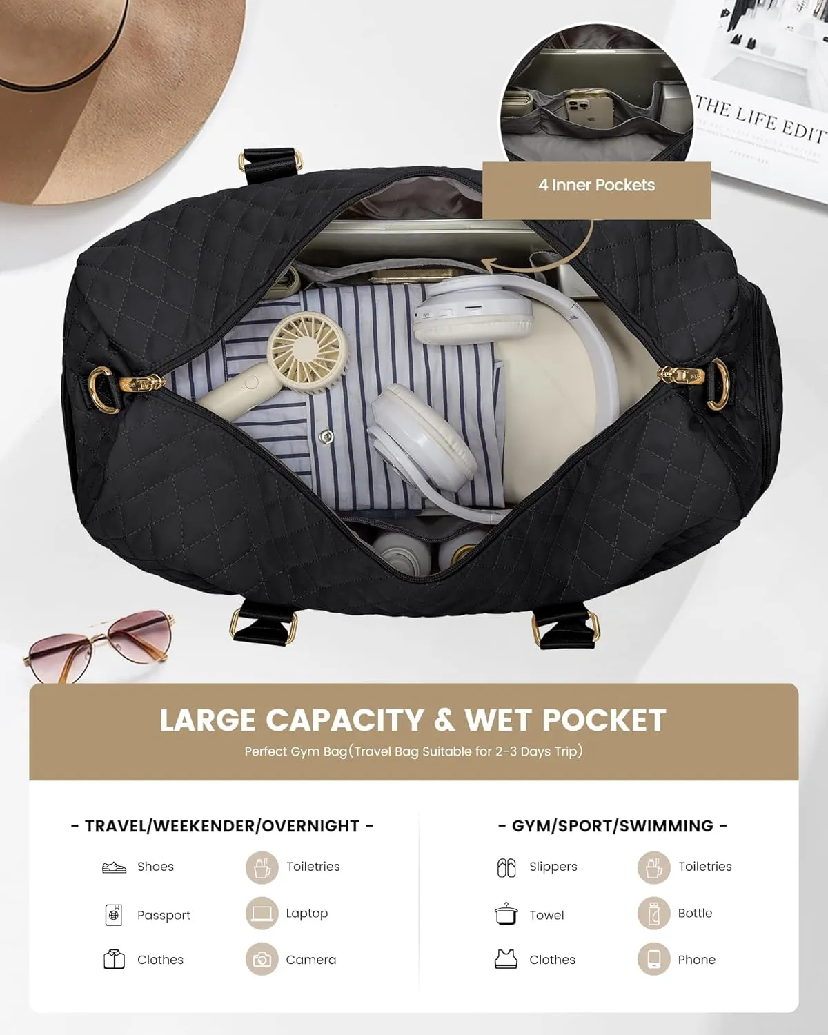 LOVEVOOK Travel Duffle Bag, Weekender Bag for Women with Toiletry Bag, Carry on Overnight Bag with Shoe Compartment, Gym Duffel Bag with Wet Pocket, Mommy Hospital Bags for Labor and Delivery