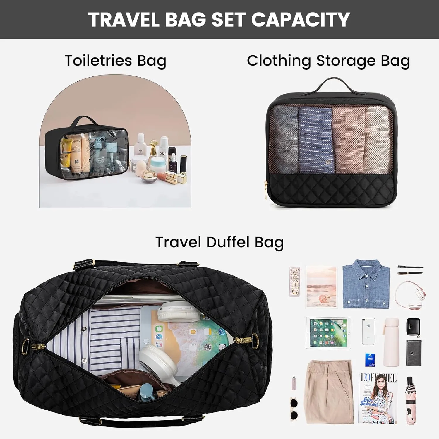 LOVEVOOK Travel Duffle Bag, Weekender Bag for Women with Toiletry Bag, Carry on Overnight Bag with Shoe Compartment,Gym Duffel Bag with Wet Pocket,Mommy Hospital Bags for Labor and Delivery 3Pcs