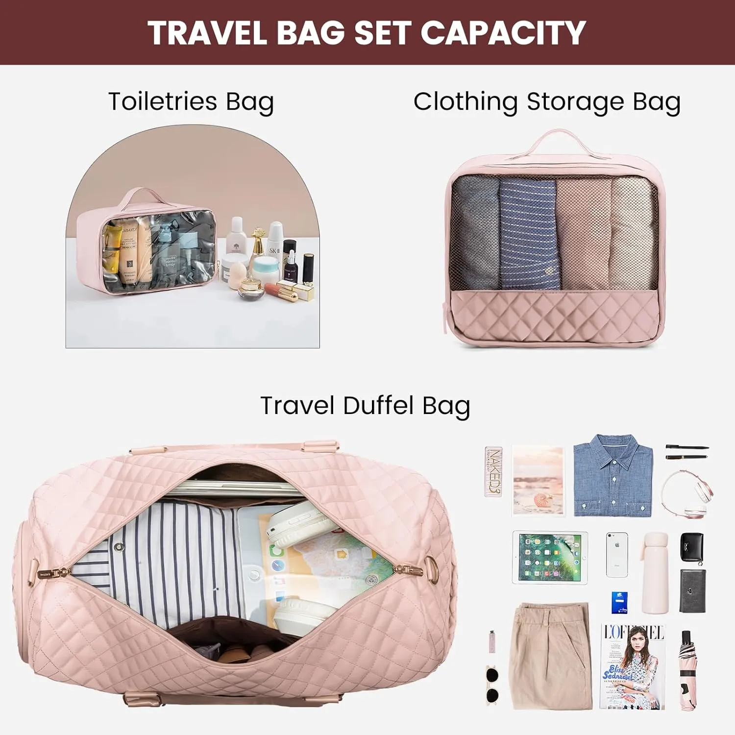 LOVEVOOK Travel Duffle Bag, Weekender Bag for Women with Toiletry Bag, Carry on Overnight Bag with Shoe Compartment,Gym Duffel Bag with Wet Pocket,Mommy Hospital Bags for Labor and Delivery 3Pcs