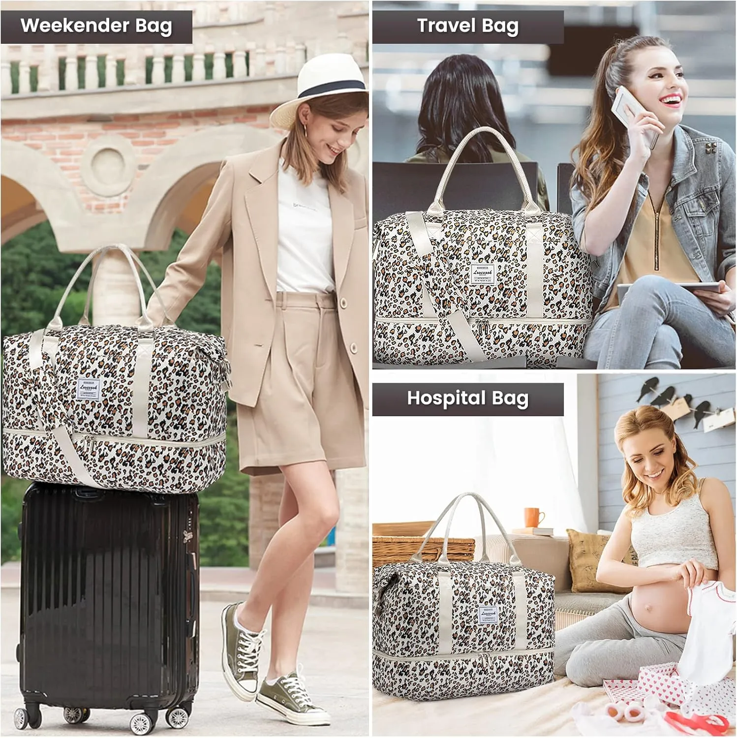 LOVEVOOK Travel Duffle Bag,Weekender Bags for Women with Shoe Compartment，Carry on Overnight Bag with Toiletry Bag,Gym Duffel Bag with Wet Pocket, Hospital Bags for Labor and Delivery