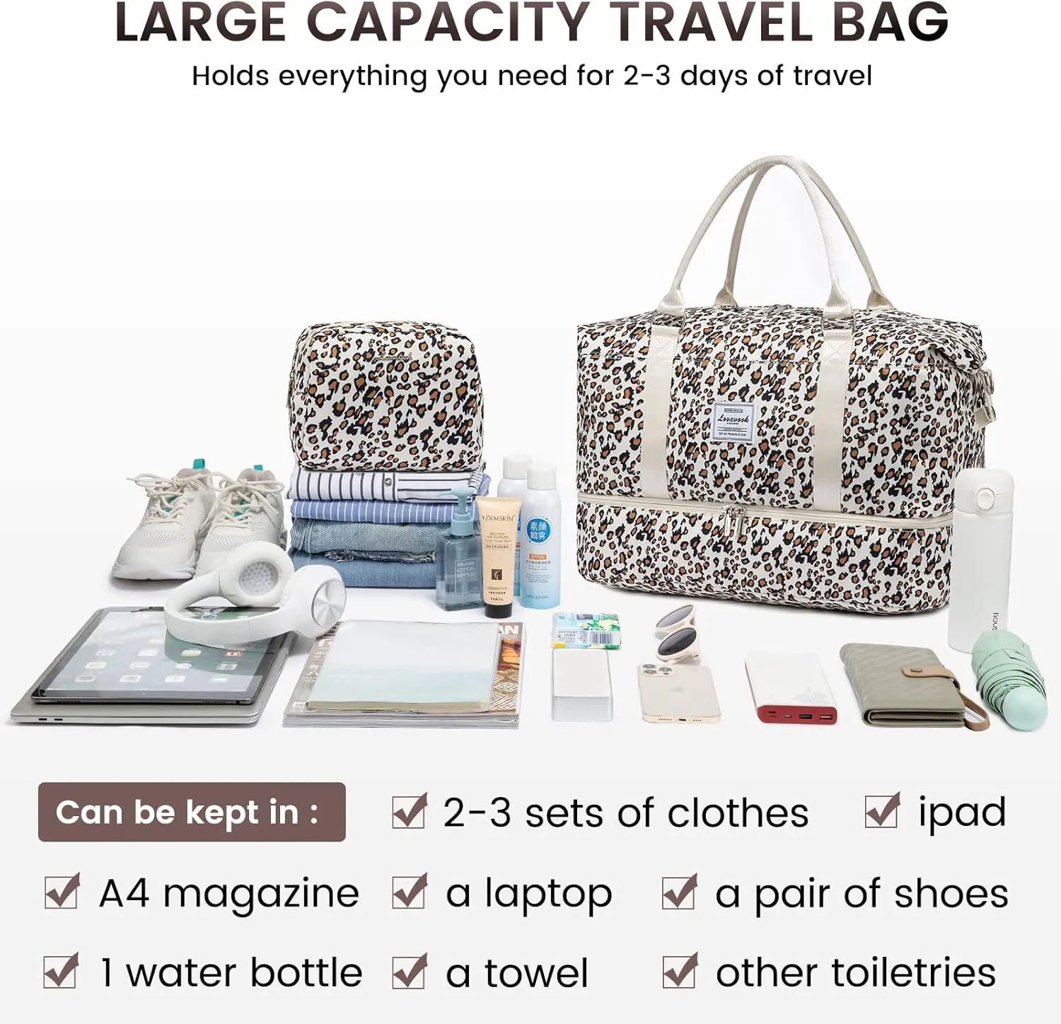 LOVEVOOK Travel Duffle Bag,Weekender Bags for Women with Shoe Compartment，Carry on Overnight Bag with Toiletry Bag,Gym Duffel Bag with Wet Pocket, Hospital Bags for Labor and Delivery